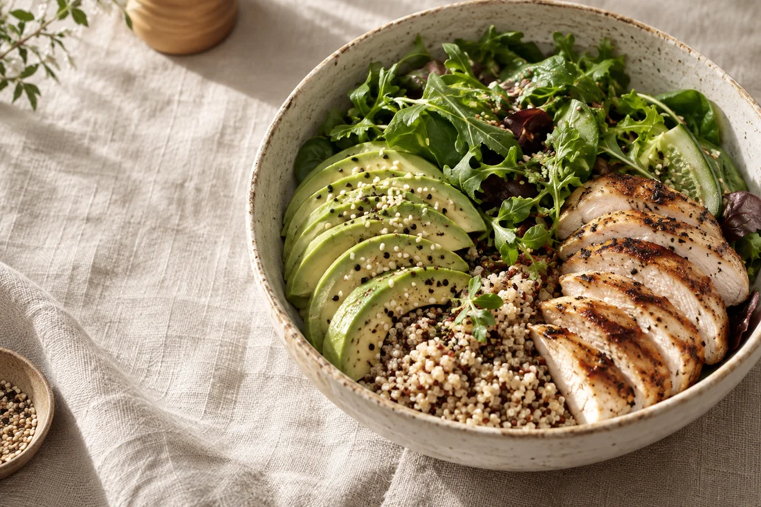 Plato de alimentos variados con aguacate, pollo, quinoa y hojas verdes