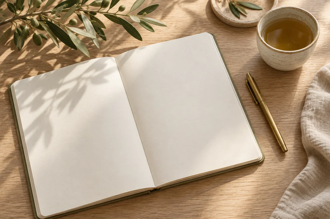 Libreta, té y una rama de olivo en una mesa cálida